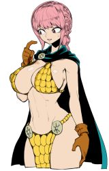 Rule 34 | 1girl, abs, armor, bikini armor, breasts, cape, colorized, cowboy shot, curvy, female focus, gladiator, gloves, large breasts, one piece, pink hair, rebecca (one piece), simple background, solo, spacezin, splooshofcolor (colorist), sweatdrop, white background