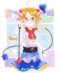 Rule 34 | 1girl, belt, blush, bow, bowtie, buttons, chain, closed mouth, cuffs, glasses, gourd, hair bow, hand on own hip, highres, holding, horn bow, horn ornament, horns, ibuki suika, looking at viewer, multicolored background, o (crazyoton46), orange hair, purple bow, red bow, red bowtie, red eyes, shackles, shirt, short hair, sidelocks, sleeveless, solo, touhou, white shirt, wristband