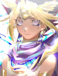 Rule 34 | 1boy, armlet, atem, blonde hair, cape, cbow, commentary request, dark skin, dark-skinned male, earrings, egyptian, eyelashes, highres, jewelry, looking at viewer, male focus, multicolored hair, parted lips, purple cape, purple eyes, smile, solo, spiked hair, yu-gi-oh!, yu-gi-oh! duel monsters