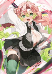 Rule 34 | 1girl, :d, belt, blurry, blush, braid, breasts, cleavage, demon slayer uniform, depth of field, floating hair, gradient hair, green eyes, green hair, heart, highres, kanroji mitsuri, katana, kimetsu no yaiba, large breasts, long hair, mole, mole under each eye, mole under eye, multicolored hair, multiple moles, open mouth, partially unbuttoned, pink hair, piyopoyo, pleated skirt, skirt, smile, solo, striped clothes, striped thighhighs, sword, thighhighs, twin braids, two-tone hair, unsheathed, vertical-striped clothes, vertical-striped thighhighs, very long hair, weapon, white belt, zettai ryouiki