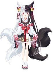 Rule 34 | absurdres, alice mana, alice mana channel, animal ear fluff, animal ears, bell, black bow, black hair, bow, fangs, fox ears, fox girl, fox tail, full body, hair bell, hair ornament, highres, japanese clothes, kimono, long hair, multicolored hair, multiple tails, nabi (uz02), official art, open mouth, red eyes, sandals, sleeves past fingers, sleeves past wrists, smile, socks, tail, twintails, two-tone hair, very long hair, virtual youtuber, white background, white hair
