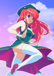 Rule 34 | 1girl, bare shoulders, blue eyes, braid, cleavage cutout, clothing cutout, female focus, fighting stance, garter straps, hat, hong meiling, immaterial and missing power, long hair, omuni, red hair, solo, standing, standing on one leg, thighhighs, thighs, touhou, twin braids, white thighhighs, wrist cuffs