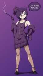 Rule 34 | 1920s, 1girl, dress, elbow gloves, flapper girl, gloves, highres, jewelry, necklace, purple gloves, purple hair, smoking, zone-tan