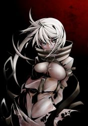 Rule 34 | 1girl, arikanrobo, bound, breast hold, breasts, covered mouth, female focus, gradient background, green eyes, high collar, highres, looking at viewer, original, restrained, silver hair, solo, straitjacket, strap, torn clothes, tsurime