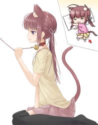 Rule 34 | 1girl, = =, animal ears, arrow (symbol), bell, black thighhighs, blush stickers, brown eyes, brown hair, cat ears, cat tail, chibi, collar, fang, fang out, from side, hair tie, highres, hyouta (nekogamirin c), hyouta (yoneya), jingle bell, leash, long hair, multiple views, neck bell, no shoes, original, pink skirt, profile, purple eyes, sitting, skirt, sleeping, tail, thighhighs, twintails