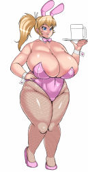 Rule 34 | 1girl, absurdres, animal ears, astraea13, bare arms, bare shoulders, belly, blonde hair, blue eyes, bow, bowtie, breasts, cleavage, collar, curvy, detached collar, fake animal ears, fat, fishnets, full body, gigantic breasts, groin, hair ornament, hair stick, hand on own hip, high heels, highres, hip focus, holding, huge breasts, leotard, pantyhose, parted lips, pink leotard, playboy bunny, plump, rabbit ears, shiny clothes, shiny skin, side ponytail, simple background, smile, solo, standing, strapless, strapless leotard, thick thighs, thighs, tray, white background, wide hips, wrist cuffs