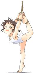 Rule 34 | 1girl, armpits, ballet, barefoot, bdsm, blush, bondage, bound, brown hair, closed eyes, fang, feet, full body, leotard, open mouth, oyatsu (mk2), rope, simple background, soles, solo, suspension, sweatdrop, toes, torture, white background