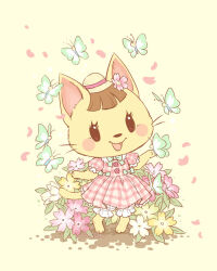 Rule 34 | 1girl, :d, animal crossing, aqua bow, aqua bowtie, aqua butterfly, artist name, bloomers, blush, blush stickers, bow, bowtie, brown hair, bug, butterfly, cat girl, commentary, dress, english commentary, eyelashes, falling petals, flower, frilled sleeves, frills, furry, furry female, green flower, hair flower, hair ornament, hat, insect, katie (animal crossing), looking at viewer, mini hat, nintendo, open mouth, petals, pink dress, pink flower, plaid, plaid dress, plant, puffy short sleeves, puffy sleeves, red flower, samantha whitten, short sleeves, signature, simple background, smile, solo, standing, underwear, white bloomers, white flower, yellow background, yellow flower, yellow hat