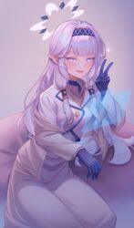 Rule 34 | 1girl, absurdres, atokani, blue archive, blush, dress, gloves, highres, himari (blue archive), hologram, holographic interface, open mouth, pointy ears, sitting, twintails, v, white hair