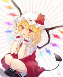 Rule 34 | 1girl, :p, artist name, black footwear, blonde hair, blush, bobby socks, commentary request, crystal, demon tail, dutch angle, flandre scarlet, grey background, hands on own cheeks, hands on own face, hands up, hat, hat ribbon, hi o kawa, laevatein (tail), long hair, looking at viewer, mob cap, pointy ears, red eyes, red ribbon, red skirt, red vest, ribbon, shirt, shoes, short sleeves, side ponytail, skirt, socks, solo, squatting, sunburst, sunburst background, tail, tongue, tongue out, touhou, v, vest, white hat, white shirt, white socks, wings, wrist cuffs, yellow neckwear