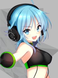Rule 34 | 1girl, black gloves, blue eyes, blue hair, breasts, commentary, crop top, gloves, halterneck, halterneck, headphones, lowres, matching hair/eyes, mizushima riko, open mouth, promotional art, race queen, razer, short hair, smile, solo, tsukigami runa, wireless