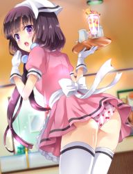 Rule 34 | 1girl, apron, ass, blend s, blunt bangs, bow, commentary request, food, food print, frilled apron, frills, from behind, gloves, gongitsune (gongitune2), head scarf, highres, holding, holding tray, indoors, jug (bottle), long hair, looking at viewer, looking back, low twintails, open mouth, panties, parfait, pink panties, pink shirt, pink skirt, pocky, print panties, puffy short sleeves, puffy sleeves, purple eyes, purple hair, sakuranomiya maika, shirt, short sleeves, skirt, solo, standing, strawberry panties, strawberry print, thighhighs, tray, twintails, underwear, uniform, very long hair, waist apron, waitress, white apron, white bow, white gloves, white thighhighs