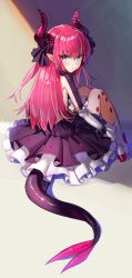 Rule 34 | 10s, 1girl, absurdres, black ribbon, black skirt, blue eyes, boots, elizabeth bathory (fate), elizabeth bathory (fate/extra ccc), elizabeth bathory (first ascension) (fate), fate/extra, fate/extra ccc, fate (series), frilled skirt, frills, full body, hair ribbon, hieung, highres, horns, knees up, layered skirt, long hair, looking at viewer, pink hair, pointy ears, ribbon, sitting, skirt, solo, tail, tears, white footwear, wrist cuffs