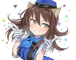Rule 34 | 1girl, animal ears, aohashi ame, blush, breasts, brown hair, cat ears, eleonore giovanna gassion, gloves, grin, hat, large breasts, long hair, simple background, smile, solo, strike witches, upper body, white background, white gloves, world witches series, yellow eyes