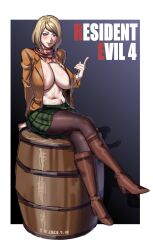 Rule 34 | 2023, asa (teng zi), ashley graham, barrel, black pantyhose, blonde hair, blue eyes, boots, breasts, dated, high heel boots, high heels, highres, knee boots, large breasts, looking at viewer, no bra, open clothes, pantyhose, resident evil, resident evil 4, resident evil 4 (remake), scarf, short hair, sitting, skirt, solo