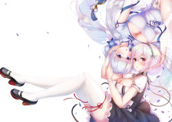 Rule 34 | 2girls, azur lane, black dress, black footwear, blue eyes, breasts, bursting breasts, china dress, chinese clothes, cleavage, cleavage cutout, clothing cutout, collar, dress, framed breasts, full body, hair between eyes, illustrious (azur lane), illustrious (maiden lily&#039;s radiance) (azur lane), imo bouya, large breasts, long hair, looking at viewer, lying, metal collar, multiple girls, on back, puffy short sleeves, puffy sleeves, red eyes, shoes, short hair, short sleeves, simple background, sirius (azur lane), thighhighs, white background, white dress, white hair, white thighhighs, zettai ryouiki