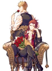 Rule 34 | 2boys, armchair, back, black jacket, black vest, blonde hair, bouquet, chair, closed mouth, crossed legs, flower, formal, granblue fantasy, green eyes, hand on own cheek, hand on own face, head rest, holding, holding flower, jacket, male focus, medium hair, multicolored clothes, multicolored jacket, multiple boys, necktie, on chair, ono (0 no), percival (granblue fantasy), percival (the dragon knights) (granblue fantasy), red eyes, red flower, red hair, red jacket, red rose, rose, shirt, short hair, sitting, suit, two-tone jacket, undercut, undone necktie, vane (granblue fantasy), vane (the dragon knights) (granblue fantasy), vest, watch, white background, white shirt, wristband, wristwatch