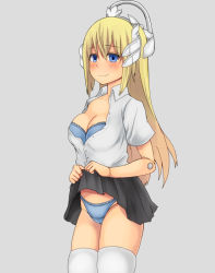 Rule 34 | 10s, 1girl, bad id, bad pixiv id, blonde hair, blue eyes, blush, bra, breasts, busou shinki, clothes lift, doll joints, joints, long hair, olbern, panties, simple background, skirt, skirt lift, smile, solo, thighhighs, underwear, upskirt, usagi1942