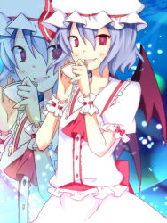 Rule 34 | 1girl, bat wings, blue hair, colorized, cup, female focus, noumin, open mouth, red eyes, remilia scarlet, short hair, solo, touhou, wings