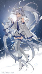 Rule 34 | &gt; o, 1girl, 1other, bare shoulders, bilibili, blue eyes, blue hair, blue neckwear, blush stickers, boots, chinese commentary, commentary, copyright notice, crypton future media, detached sleeves, earmuffs, full body, full moon, hair ornament, hand up, hatsune miku, high heel boots, high heels, highres, holding, light blue hair, light smile, long hair, looking at viewer, miniskirt, mittens, moon, night, night sky, one eye closed, open mouth, pleated skirt, rabbit, rabbit yukine, scarf, shirt, shoulder tattoo, silver legwear, silver skirt, silver sleeves, skirt, sky, sleeveless, sleeveless shirt, snow, snowflake print, snowflakes, star (sky), starry sky, tattoo, thigh boots, thighhighs, twintails, very long hair, vocaloid, white mittens, white scarf, white shirt, winter, yuki miku, yuki miku (2011), zettai ryouiki, zhibuji loom