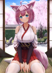 Rule 34 | 1girl, ahoge, amano kusatsu, animal ears, architecture, bare shoulders, blue eyes, blush, breasts, cherry blossoms, closed mouth, clothing cutout, east asian architecture, fox ears, hakama, hakama short skirt, hakama skirt, highres, japanese clothes, large breasts, looking at viewer, miniskirt, no shoes, nontraditional miko, obi, original, pink hair, pleated skirt, red hakama, red skirt, sash, short hair, shoulder cutout, sitting, skirt, smile, solo, spring (season), thighhighs, underbust, wariza, white thighhighs, zettai ryouiki