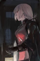 Rule 34 | 1girl, black coat, braid, braided ponytail, breasts, coat, coat on shoulders, commentary request, dark, fate/grand order, fate (series), florence nightingale (fate), gloves, highres, holding lamp, lantern, large breasts, long hair, military, military uniform, pink hair, red eyes, solo, uniform, white gloves, yorurokujuu