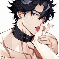Rule 34 | 1boy, 1other, artist name, bandaged neck, bandages, black hair, blue eyes, collarbone, commentary, ear piercing, earrings, english commentary, eriimyon, facial scar, fang, genshin impact, grey hair, hair between eyes, hand up, highres, holding another&#039;s wrist, jewelry, licking, licking hand, looking at viewer, male focus, multicolored hair, open mouth, parted bangs, piercing, pov, saliva, scar, scar on cheek, scar on face, scar on neck, short hair, simple background, solo focus, streaked hair, stud earrings, tongue, tongue out, twitter username, white background, wriothesley (genshin impact)