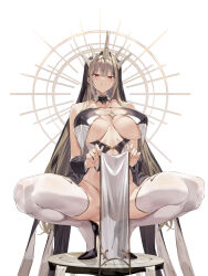 Rule 34 | 1girl, absurdres, bare shoulders, blush, breasts, cleavage, crown, dress, halo, highres, hiiragi yuuichi, large breasts, light brown hair, long hair, looking at viewer, original, parted lips, pelvic curtain, red eyes, solo, spread legs, squatting, thighhighs, very long hair, white background
