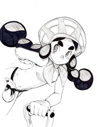 Rule 34 | 1girl, absurdres, arm behind back, bare arms, belt, blush stickers, bodysuit, bonnet, braid, bright pupils, chouku tetsushitsuiwa, creatures (company), cropped legs, eyelashes, game freak, gift bag, gloves, hapu (pokemon), hat, highres, holding, holding shovel, island kahuna, leaning forward, long hair, looking to the side, monochrome, nintendo, parted lips, pokemon, pokemon sm, shovel, sidelocks, signature, simple background, sleeveless, solo, thick eyebrows, twin braids, twintails, twitter username, upper body, white background