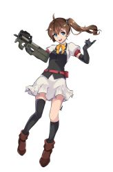 Rule 34 | 1girl, artist name, asymmetrical legwear, belt pouch, blue eyes, boots, bow, bowtie, brown hair, bullpup, commentary, daru, elbow gloves, english commentary, girls&#039; frontline, gloves, gun, happy, highres, horizontal magazine, original, p90, p90 (girls&#039; frontline), personal defense weapon, ponytail, pouch, solo, submachine gun, thighhighs, uneven legwear, weapon, white background