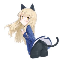 Rule 34 | 1girl, animal ears, ass, bad id, bad twitter id, bent over, black pantyhose, blonde hair, blunt bangs, cat ears, cat tail, cropped legs, glasses, hand on own chest, highres, kokosando, long hair, long sleeves, looking at viewer, looking back, military, military uniform, no pants, pantyhose, perrine h. clostermann, simple background, solo, strike witches, tail, uniform, white background, world witches series, yellow eyes