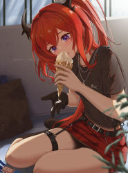 Rule 34 | 1girl, arknights, black gloves, black shirt, food, gloves, highres, holding, holding food, horns, ice cream, ice cream cone, jewelry, long hair, necklace, official alternate costume, purple eyes, red hair, red skirt, shironekoban, shirt, short sleeves, single glove, skirt, solo, surtr (arknights), surtr (liberte echec) (arknights), thigh strap, very long hair