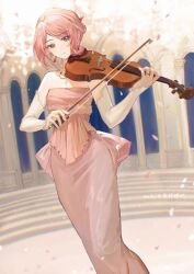 1girl alternate_costume alternate_hairstyle bare_shoulders bow_(music) breasts column commission dress earrings gloves green_eyes haruno_sakura highres holding holding_bow_(music) holding_instrument holding_violin indoors instrument ize0328 jewelry music naruto_(series) necklace parted_bangs pillar pink_dress pink_hair playing_instrument ring short_hair sidelocks small_breasts solo stairs standing upper_body violin weibo_username