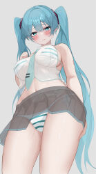 1girl absurdres aqua_eyes aqua_hair aqua_necktie bare_shoulders bikini bikini_under_clothes black_skirt blush breasts eikawa_suru grey_background hair_between_eyes hatsune_miku highres large_breasts long_hair looking_at_viewer navel necktie number_tattoo see-through_clothes shirt simple_background skirt smile solo striped_bikini striped_clothes swimsuit tattoo twintails vocaloid white_shirt