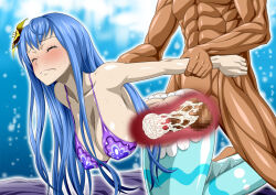 Rule 34 | 1boy, 1girl, ass, blue hair, breasts, censored, covered erect nipples, cum, dark-skinned male, dark skin, large breasts, mermaid, mero (one piece), monster girl, nel-zel formula, one piece, penis, pussy, sex, swimsuit