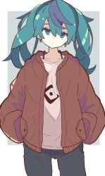 Rule 34 | 1girl, absurdres, black pants, border, brown jacket, commentary, earrings, green eyes, green hair, grey background, hatsune miku, head tilt, highres, jacket, jewelry, looking at viewer, medium hair, n40a1, pants, shirt, simple background, solo, suna no wakusei (vocaloid), twintails, unamused, vocaloid, white shirt