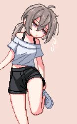 Rule 34 | 1girl, ahoge, bare shoulders, black shorts, breasts, commentary, girls&#039; frontline, grey hair, hair between eyes, m200 (girls&#039; frontline), midriff, off-shoulder shirt, off shoulder, pixel art, ponytail, purple eyes, putting on shoes, shirt, shorts, simple background, small breasts, solo, white footwear, white shirt, yiricannon