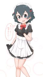 Rule 34 | 1girl, alternate costume, apron, back bow, black dress, black gloves, black hair, blue eyes, blush, bow, bowtie, chis (js60216), collar, dress, enmaided, flying sweatdrops, frilled collar, frills, gloves, hair bow, highres, kaban (kemono friends), kemono friends, looking at viewer, maid, maid headdress, puffy short sleeves, puffy sleeves, red bow, red bowtie, short dress, short hair, short sleeves, short twintails, solo, translated, twintails, white apron