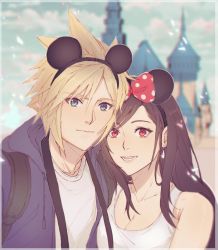 Rule 34 | 1boy, 1girl, bare shoulders, black hair, blonde hair, blue eyes, blurry, blurry background, breasts, brown hair, cleavage, cloud strife, couple, disney, disneyland, earrings, final fantasy, final fantasy vii, final fantasy vii remake, jewelry, large breasts, long hair, looking at viewer, mickey mouse ears, pudelmudel, red eyes, shirt, spiked hair, square enix, tank top, tifa lockhart, upper body, white shirt, white tank top