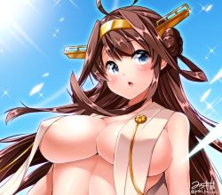 Rule 34 | 10s, 1girl, ahoge, arms at sides, bare arms, bare shoulders, blue sky, breast curtains, breasts, brown hair, chestnut mouth, collarbone, covered erect nipples, day, double bun, female focus, floating hair, from below, hair between eyes, hairband, japanese clothes, kantai collection, kongou (kancolle), large breasts, light particles, looking at viewer, no bra, nontraditional miko, open mouth, sideboob, sky, solo, sun, sunlight, underboob, upper body, yuuki hb