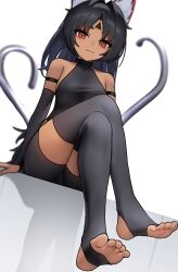 1girl absurdres animal_ears black_hair black_shirt black_shorts black_sleeves black_thighhighs breasts cat_ears cat_girl closed_mouth crossed_legs dark_skin detached_sleeves forehead_tattoo from_below highres long_sleeves medium_breasts medium_hair multiple_tails nekomiya_mana no_shoes red_eyes shirt shorts sitting sleeveless sleeveless_shirt solo stirrup_legwear tail thighhighs thomas_8000 toeless_legwear triangle_facial_mark two_tails zenless_zone_zero