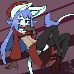 Rule 34 | 1girl, blue hair, cat, furry, furry female, long hair, scarf, simple background, smile, solo, the amboina, yellow eyes