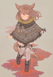 Rule 34 | 10s, 1girl, :3, animal ears, blush, boots, brown footwear, brown hair, cat ears, cat girl, cat tail, closed eyes, closed mouth, final fantasy, final fantasy xiv, full body, grey background, grey thighhighs, miqo&#039;te, mozuku (mozuuru0323), poncho, solo, sweater, tail, thighhighs, turtleneck, warrior of light (ff14)