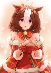 Rule 34 | 1girl, ahoge, alternate costume, animal ears, breasts, brown hair, christmas, cleavage, hair between eyes, hair ornament, highres, horse ears, horse girl, large breasts, looking at viewer, meisho doto (umamusume), mixed-language commentary, ohbuya, open mouth, own hands together, purple eyes, ribbon, simple background, solo, umamusume, white background