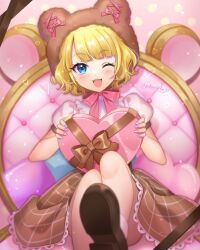 Rule 34 | 1girl, ;d, bear hat, blonde hair, blue eyes, blunt bangs, box, brown footwear, brown headwear, brown skirt, commentary request, cone hair bun, double bun, frilled skirt, frills, hair bun, heart-shaped box, highres, holding, holding box, leg up, looking at viewer, mendamen, minami mirei, multicolored nails, nail polish, neck ribbon, on chair, one eye closed, open mouth, pink ribbon, plaid, plaid skirt, pretty series, pripara, puffy short sleeves, puffy sleeves, ribbon, shoe soles, shoes, short hair, short sleeves, sitting, skirt, smile, solo, throne, valentine