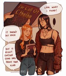 Rule 34 | ..., 2girls, abs, bbybluemochi, black choker, black pants, black shirt, black tank top, blue eyes, blush, book, brown hair, call of cthulhu, choker, commentary, crop top, cross, cross necklace, denim, ear piercing, english commentary, english text, freckles, highres, holding, holding book, inverted cross, inverted cross necklace, jeans, jewelry, long hair, long sleeves, midriff, multiple girls, navel, necklace, o-ring, o-ring choker, off shoulder, orange hair, original, pants, parted lips, piercing, shirt, smile, speech bubble, spoken ellipsis, tank top, torn clothes, torn pants, twitter username