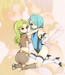 Rule 34 | 2boys, ass, blue hair, blush, boots, brown eyes, crossdressing, frown, gloves, green eyes, green hair, hair over one eye, holding hands, hand on own hip, hand on shoulder, high heels, hip focus, inazuma eleven, inazuma eleven (series), kazemaru ichirouta, kneeling, long hair, looking at viewer, looking back, male focus, midorikawa ryuuji, multiple boys, shoes, shorts, sm156, swimsuit, thighhighs, trap