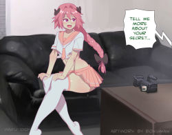 Rule 34 | 1boy, astolfo (fate), blush, bokuman, braid, casting couch, couch, crossdressing, desk, eyebrows, fate/apocrypha, fate (series), leggings, long hair, open mouth, pink hair, purple eyes, sitting, skirt, text focus, tongue, trap