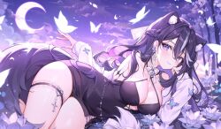 1girl :3 alllisso animal_ears bare_shoulders black_dress black_hair braid breasts choker cleavage closed_mouth clothing_cutout covered_navel crescent_moon criss-cross_halter detached_sleeves dress earrings extra_ears grey_eyes halter_dress halterneck heterochromia highres indie_virtual_youtuber jewelry kwuina_(vtuber) large_breasts long_hair long_sleeves looking_at_viewer lying moon multicolored_hair on_side purple_eyes ribbon_choker short_dress sleeveless sleeveless_dress smile solo spaghetti_strap streaked_hair tail thigh_strap thighs underboob_cutout virtual_youtuber white_choker white_sleeves