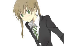 Rule 34 | 1girl, blush, brown hair, closed mouth, commentary request, female focus, green eyes, gurunyanya, looking at viewer, maka albarn, necktie, simple background, smile, solo, soul eater, twintails, white background